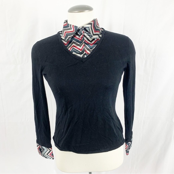 Zacks Black Knit V-Neck Sweater with Chevron Print Collar & Cuffs (S) - Picture 6 of 10